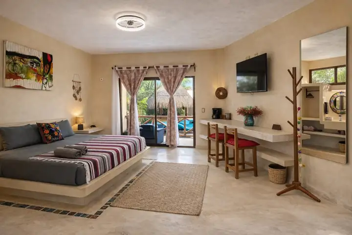Frida Room with coffee station, Smart TV and balcony doors to the pool