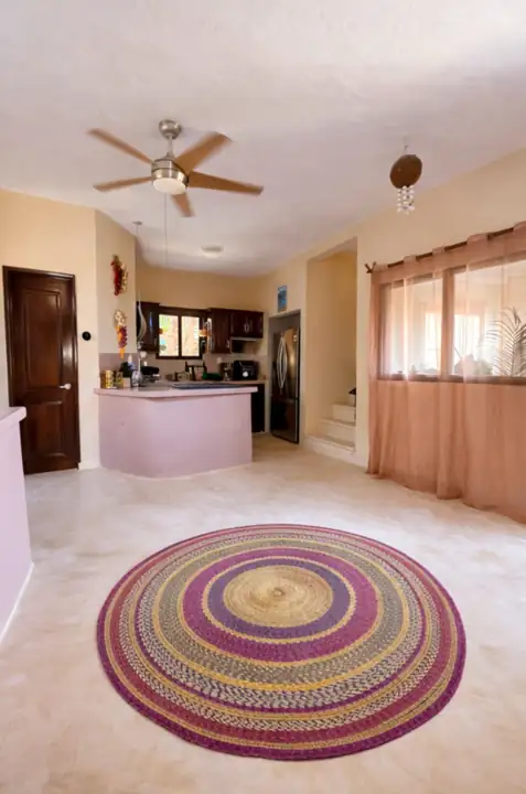 Fully equipped kitchen and living area with round woven rug, first floor of Building 2