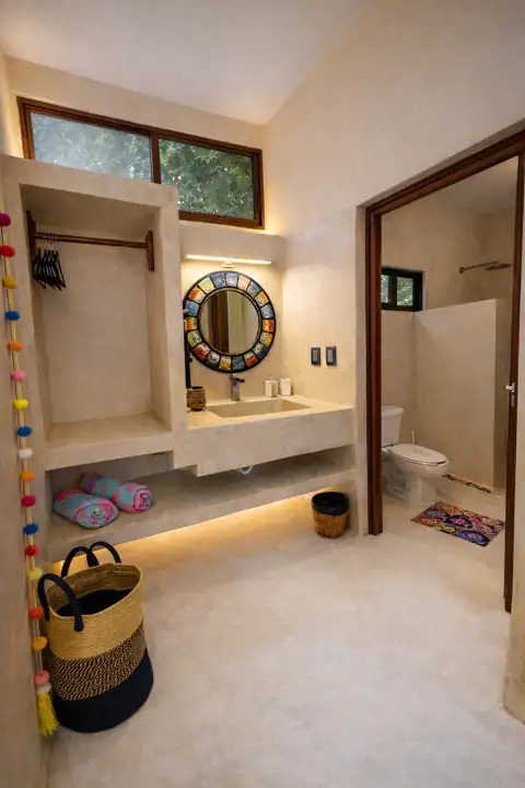 Ensuite bathroom vanity with round mirror and cement finishes